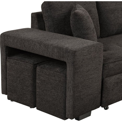 104" Modern L-Shape 3 Seat Reversible Sectional Couch, Pull Out Sleeper Sofa with Storage Chaise and 2 Stools for Living Room Furniture Set, Charcoal Grey - Streamdale Furniture