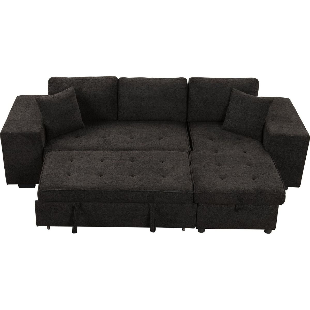 104" Modern L-Shape 3 Seat Reversible Sectional Couch, Pull Out Sleeper Sofa with Storage Chaise and 2 Stools for Living Room Furniture Set, Charcoal Grey - Streamdale Furniture