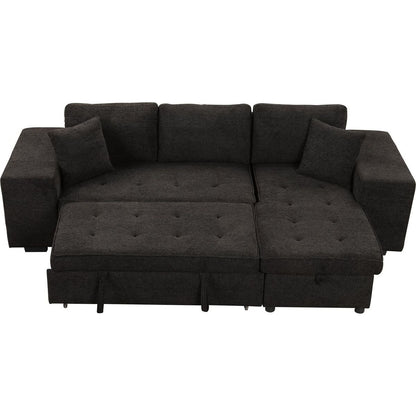 104" Modern L-Shape 3 Seat Reversible Sectional Couch, Pull Out Sleeper Sofa with Storage Chaise and 2 Stools for Living Room Furniture Set, Charcoal Grey - Streamdale Furniture