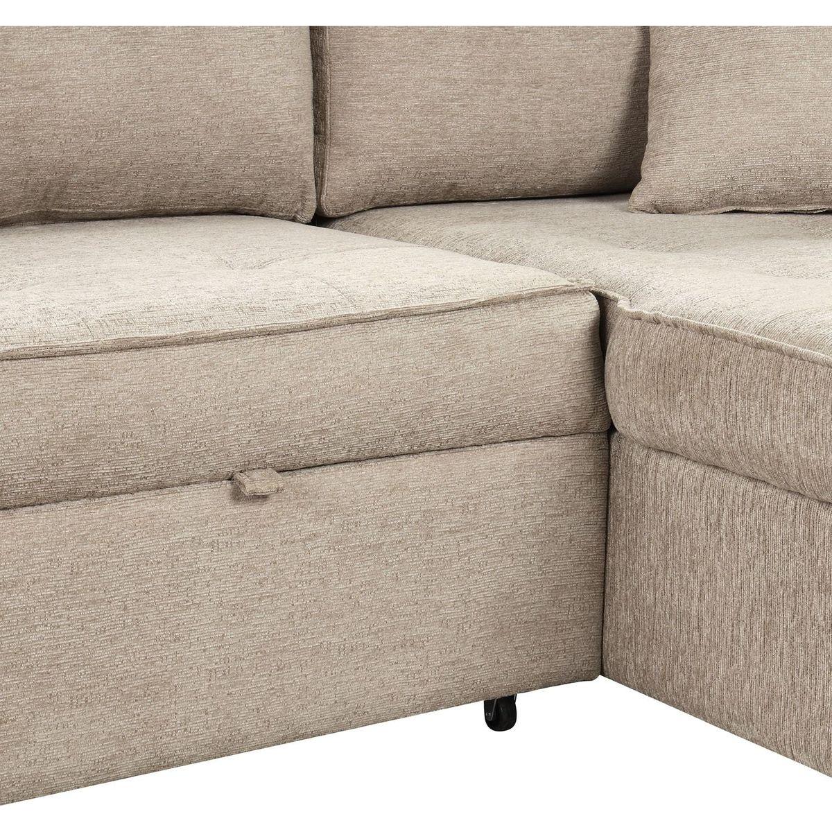 104" Modern L-Shape 3 Seat Reversible Sectional Couch, Pull Out Sleeper Sofa with Storage Chaise and 2 Stools for Living Room Furniture Set, Cream