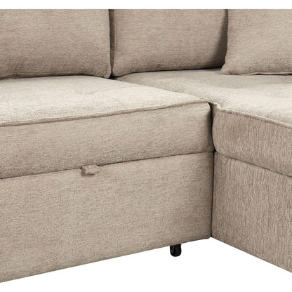 104" Modern L-Shape 3 Seat Reversible Sectional Couch, Pull Out Sleeper Sofa with Storage Chaise and 2 Stools for Living Room Furniture Set, Cream