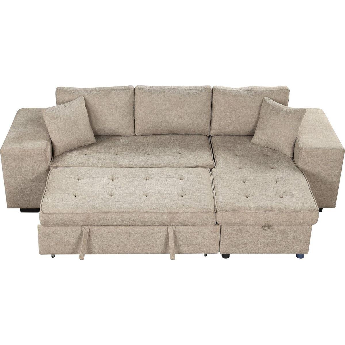 104" Modern L-Shape 3 Seat Reversible Sectional Couch, Pull Out Sleeper Sofa with Storage Chaise and 2 Stools for Living Room Furniture Set, Cream