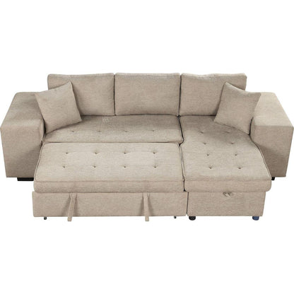 104" Modern L-Shape 3 Seat Reversible Sectional Couch, Pull Out Sleeper Sofa with Storage Chaise and 2 Stools for Living Room Furniture Set, Cream
