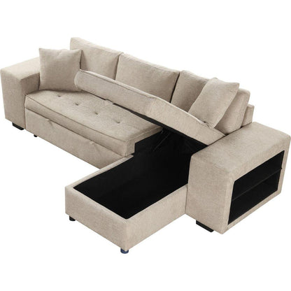 104" Modern L-Shape 3 Seat Reversible Sectional Couch, Pull Out Sleeper Sofa with Storage Chaise and 2 Stools for Living Room Furniture Set, Cream