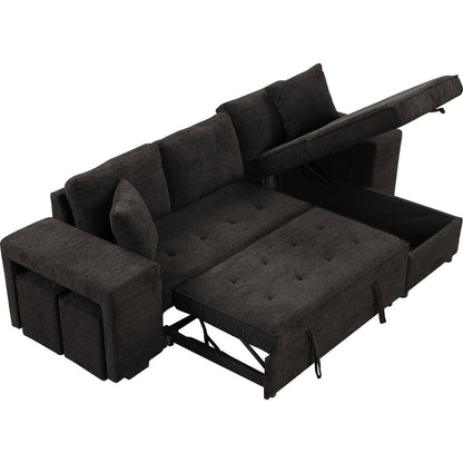 104" Modern L-Shape 3 Seat Reversible Sectional Couch, Pull Out Sleeper Sofa with Storage Chaise and 2 Stools for Living Room Furniture Set, Charcoal Grey - Streamdale Furniture