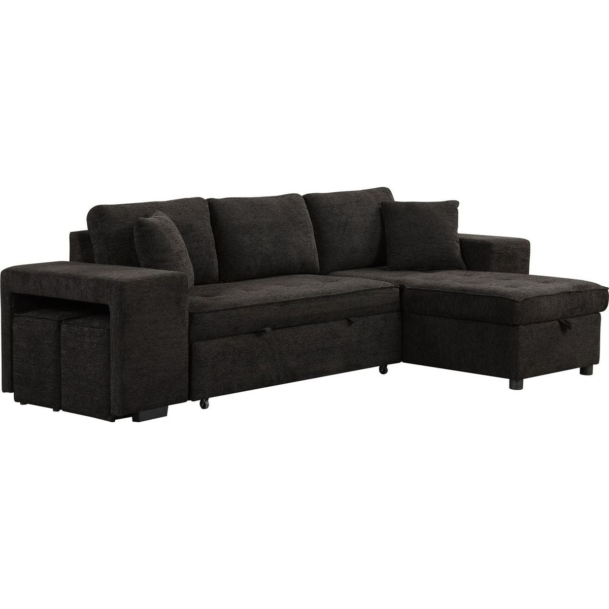 104" Modern L-Shape 3 Seat Reversible Sectional Couch, Pull Out Sleeper Sofa with Storage Chaise and 2 Stools for Living Room Furniture Set, Charcoal Grey - Streamdale Furniture