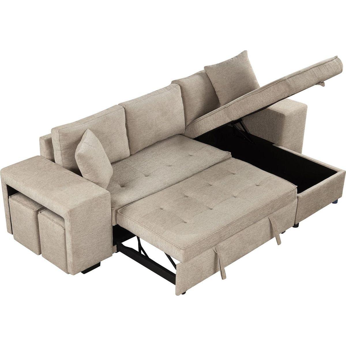 104" Modern L-Shape 3 Seat Reversible Sectional Couch, Pull Out Sleeper Sofa with Storage Chaise and 2 Stools for Living Room Furniture Set, Cream