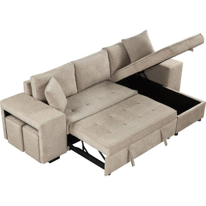 104" Modern L-Shape 3 Seat Reversible Sectional Couch, Pull Out Sleeper Sofa with Storage Chaise and 2 Stools for Living Room Furniture Set, Cream