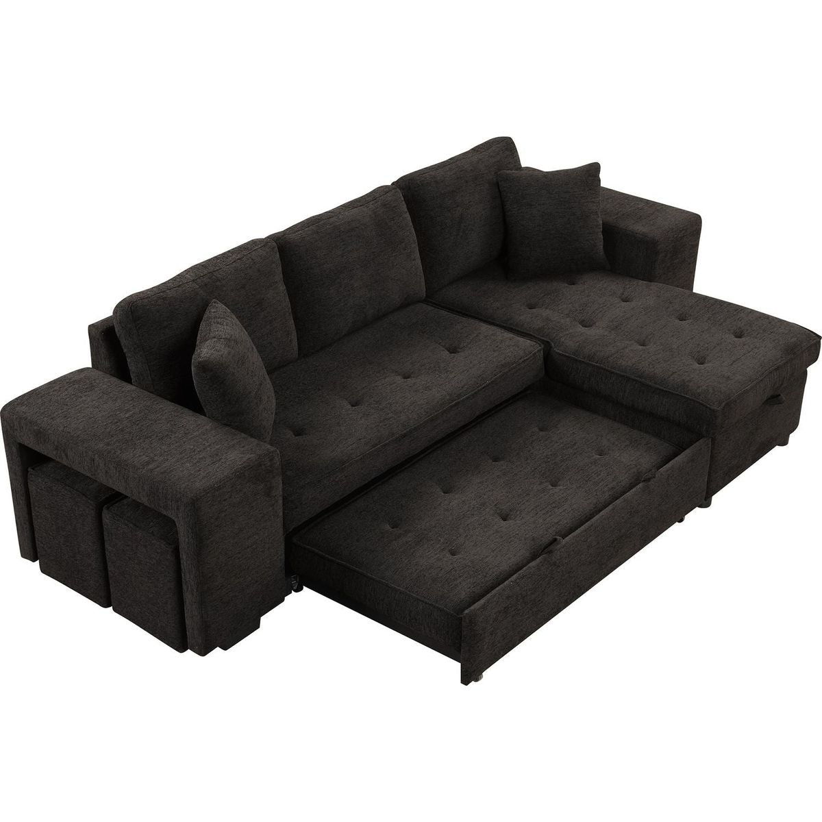 104" Modern L-Shape 3 Seat Reversible Sectional Couch, Pull Out Sleeper Sofa with Storage Chaise and 2 Stools for Living Room Furniture Set, Charcoal Grey - Streamdale Furniture