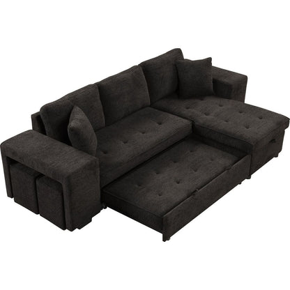 104" Modern L-Shape 3 Seat Reversible Sectional Couch, Pull Out Sleeper Sofa with Storage Chaise and 2 Stools for Living Room Furniture Set, Charcoal Grey - Streamdale Furniture