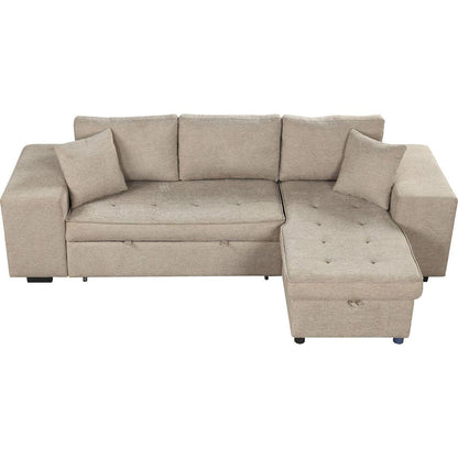 104" Modern L-Shape 3 Seat Reversible Sectional Couch, Pull Out Sleeper Sofa with Storage Chaise and 2 Stools for Living Room Furniture Set, Cream