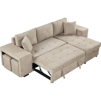 104" Modern L-Shape 3 Seat Reversible Sectional Couch, Pull Out Sleeper Sofa with Storage Chaise and 2 Stools for Living Room Furniture Set, Cream