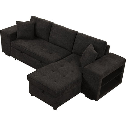 104" Modern L-Shape 3 Seat Reversible Sectional Couch, Pull Out Sleeper Sofa with Storage Chaise and 2 Stools for Living Room Furniture Set, Charcoal Grey - Streamdale Furniture