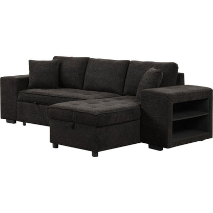 104" Modern L-Shape 3 Seat Reversible Sectional Couch, Pull Out Sleeper Sofa with Storage Chaise and 2 Stools for Living Room Furniture Set, Charcoal Grey - Streamdale Furniture
