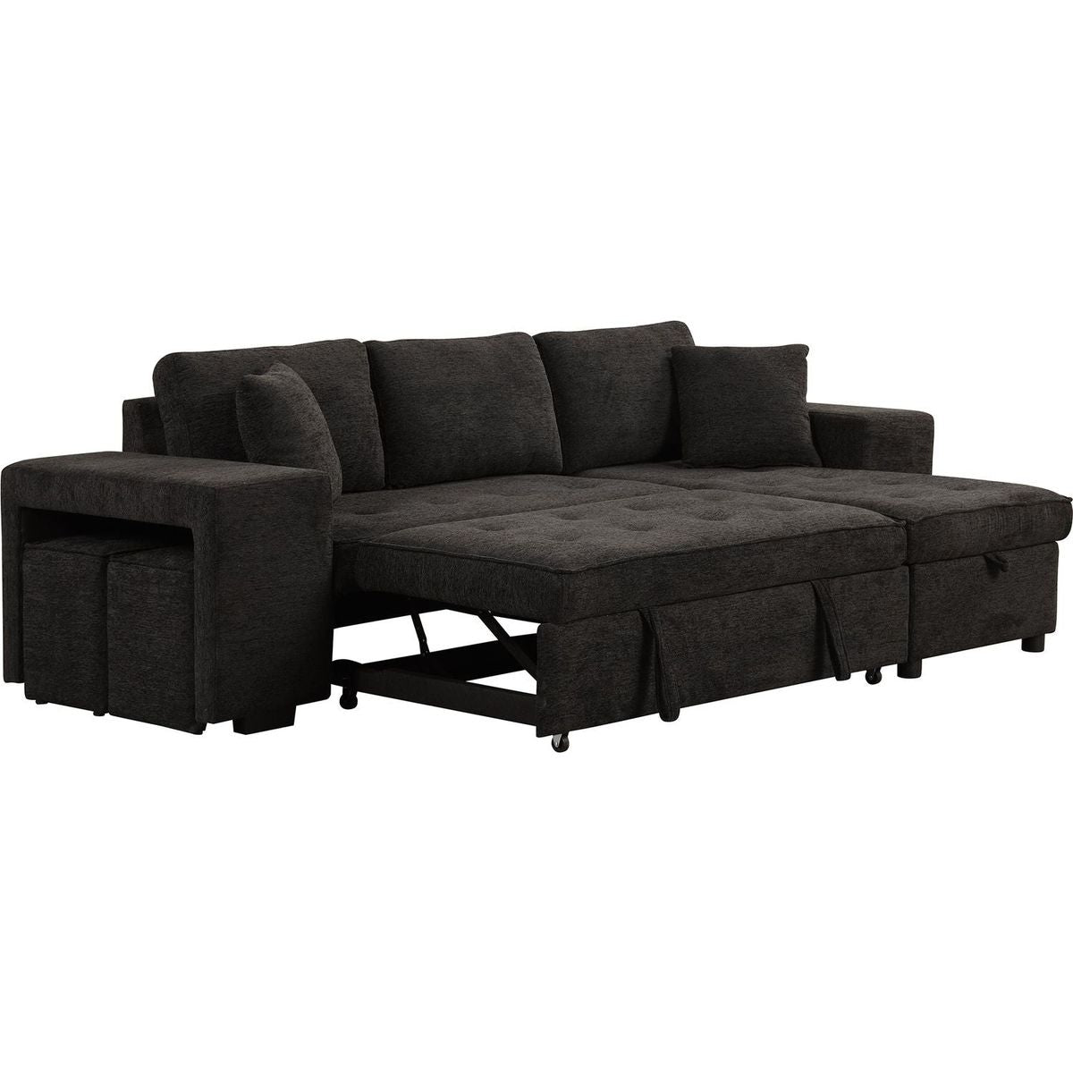 104" Modern L-Shape 3 Seat Reversible Sectional Couch, Pull Out Sleeper Sofa with Storage Chaise and 2 Stools for Living Room Furniture Set, Charcoal Grey - Streamdale Furniture