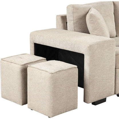 104" Modern L-Shape 3 Seat Reversible Sectional Couch, Pull Out Sleeper Sofa with Storage Chaise and 2 Stools for Living Room Furniture Set, Cream