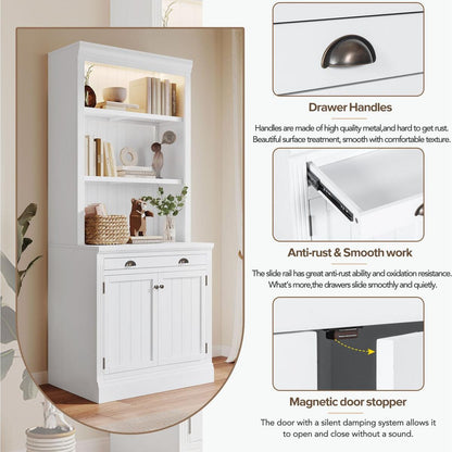 83.4"Tall Bookshelf Suite, Modern Bookcase Suite with LED Lighting,Doors and Drawers,2-Piece Set Storage Bookcase with Open Shelves for Living Room,Home Office,White