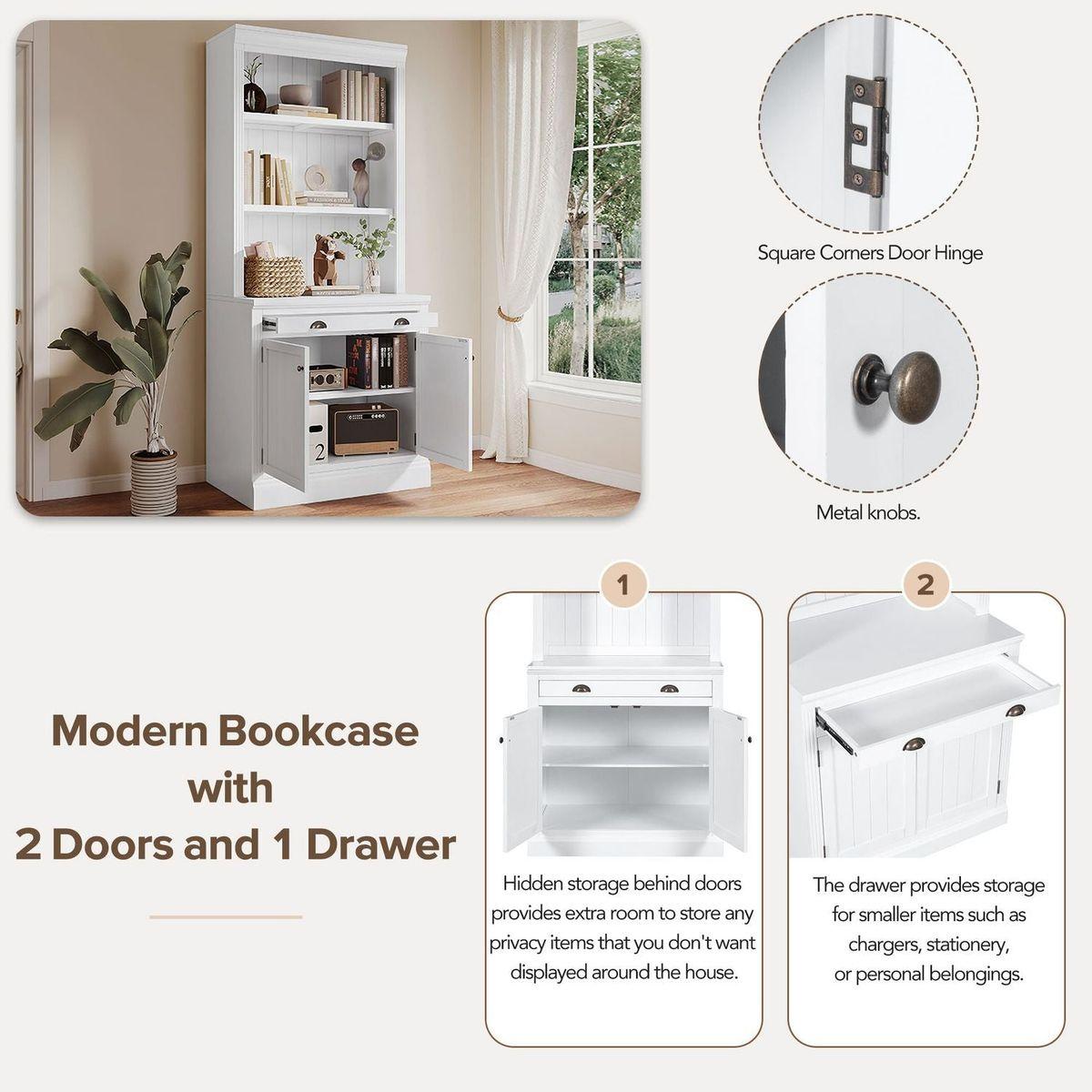 83.4"Tall Bookshelf Suite, Modern Bookcase Suite with LED Lighting,Doors and Drawers,2-Piece Set Storage Bookcase with Open Shelves for Living Room,Home Office,White