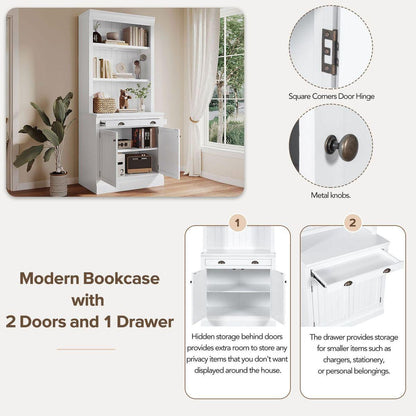 83.4"Tall Bookshelf Suite, Modern Bookcase Suite with LED Lighting,Doors and Drawers,2-Piece Set Storage Bookcase with Open Shelves for Living Room,Home Office,White