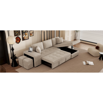 104" Modern L-Shape 3 Seat Reversible Sectional Couch, Pull Out Sleeper Sofa with Storage Chaise and 2 Stools for Living Room Furniture Set, Cream
