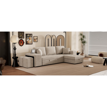 104" Modern L-Shape 3 Seat Reversible Sectional Couch, Pull Out Sleeper Sofa with Storage Chaise and 2 Stools for Living Room Furniture Set, Cream