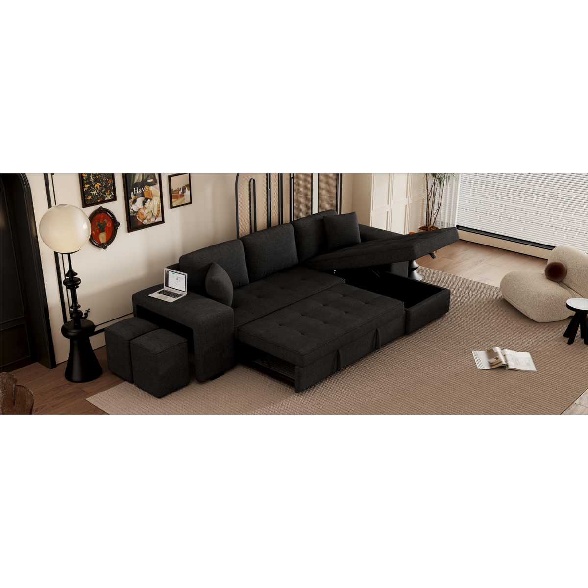 104" Modern L-Shape 3 Seat Reversible Sectional Couch, Pull Out Sleeper Sofa with Storage Chaise and 2 Stools for Living Room Furniture Set, Charcoal Grey - Streamdale Furniture