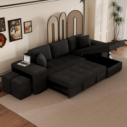 104" Modern L-Shape 3 Seat Reversible Sectional Couch, Pull Out Sleeper Sofa with Storage Chaise and 2 Stools for Living Room Furniture Set, Charcoal Grey - Streamdale Furniture