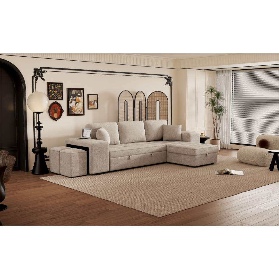 104" Modern L-Shape 3 Seat Reversible Sectional Couch, Pull Out Sleeper Sofa with Storage Chaise and 2 Stools for Living Room Furniture Set, Cream
