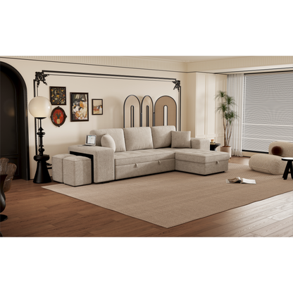 104" Modern L-Shape 3 Seat Reversible Sectional Couch, Pull Out Sleeper Sofa with Storage Chaise and 2 Stools for Living Room Furniture Set, Cream