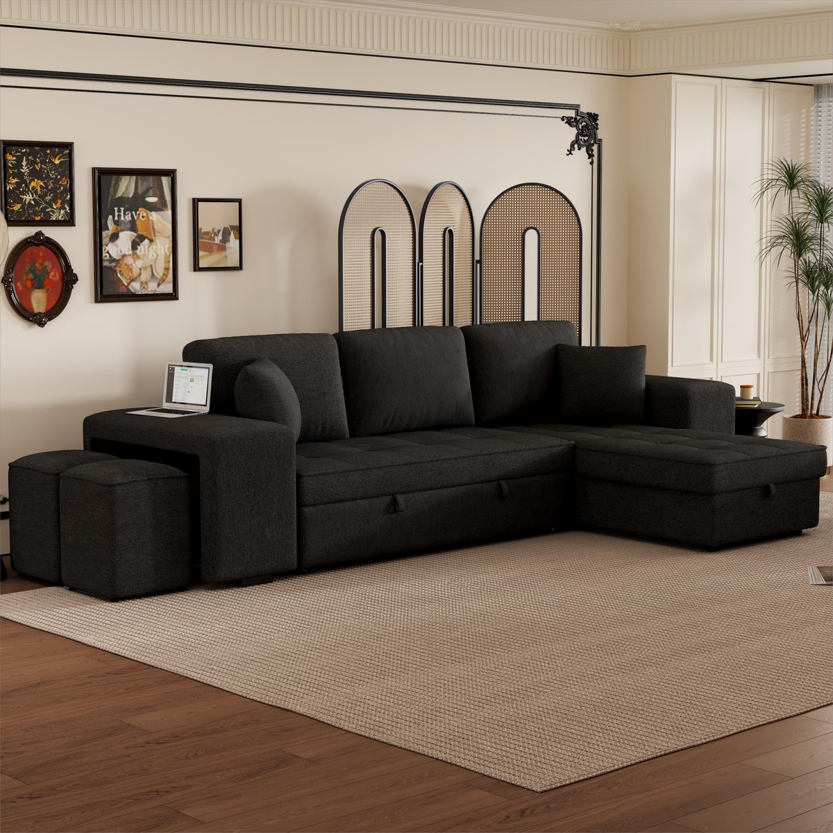 104" Modern L-Shape 3 Seat Reversible Sectional Couch, Pull Out Sleeper Sofa with Storage Chaise and 2 Stools for Living Room Furniture Set, Charcoal Grey - Streamdale Furniture