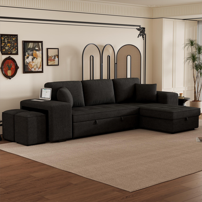 104" Modern L-Shape 3 Seat Reversible Sectional Couch, Pull Out Sleeper Sofa with Storage Chaise and 2 Stools for Living Room Furniture Set, Charcoal Grey - Streamdale Furniture