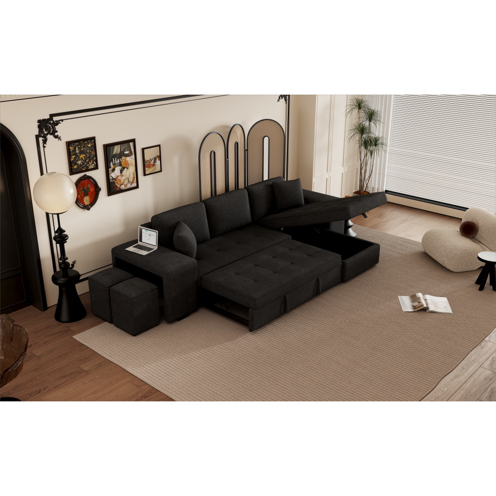 104" Modern L-Shape 3 Seat Reversible Sectional Couch, Pull Out Sleeper Sofa with Storage Chaise and 2 Stools for Living Room Furniture Set, Charcoal Grey - Streamdale Furniture