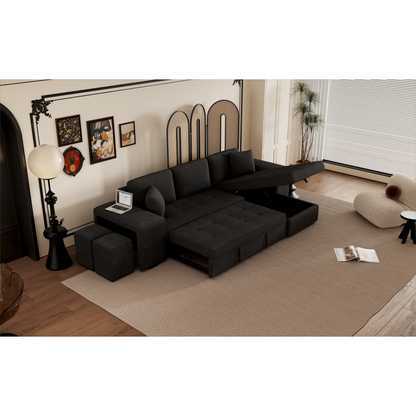 104" Modern L-Shape 3 Seat Reversible Sectional Couch, Pull Out Sleeper Sofa with Storage Chaise and 2 Stools for Living Room Furniture Set, Charcoal Grey - Streamdale Furniture