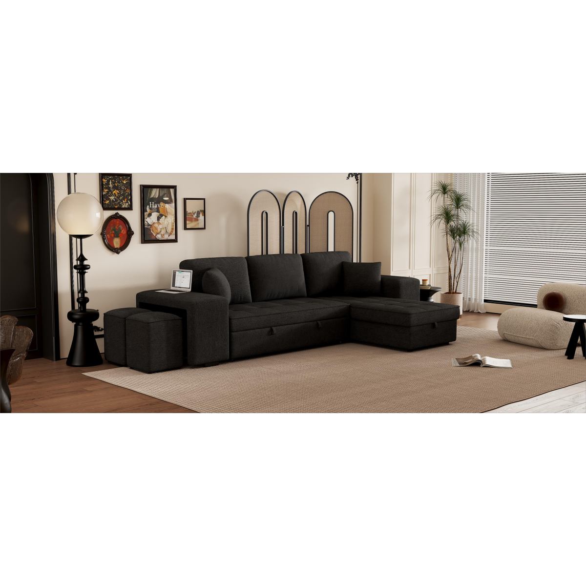 104" Modern L-Shape 3 Seat Reversible Sectional Couch, Pull Out Sleeper Sofa with Storage Chaise and 2 Stools for Living Room Furniture Set, Charcoal Grey - Streamdale Furniture