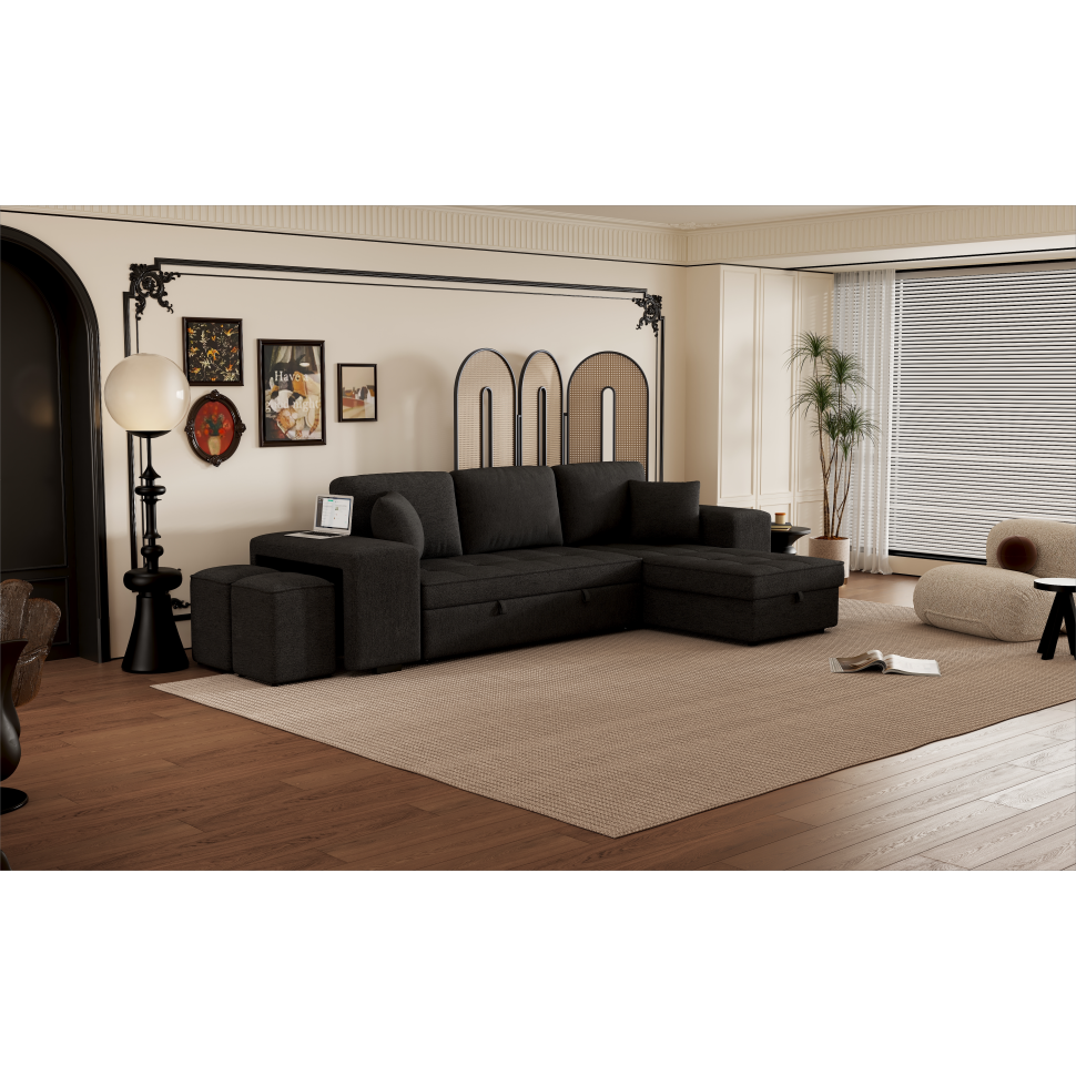 104" Modern L-Shape 3 Seat Reversible Sectional Couch, Pull Out Sleeper Sofa with Storage Chaise and 2 Stools for Living Room Furniture Set, Charcoal Grey - Streamdale Furniture