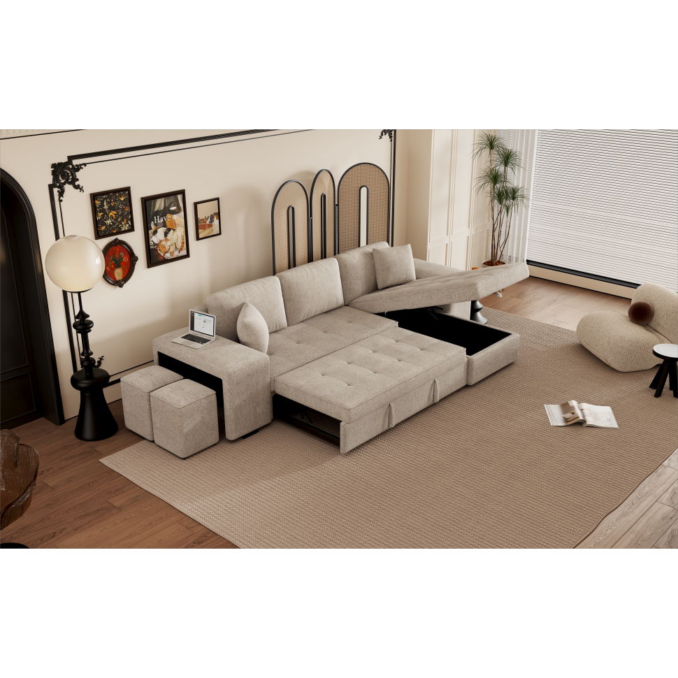 104" Modern L-Shape 3 Seat Reversible Sectional Couch, Pull Out Sleeper Sofa with Storage Chaise and 2 Stools for Living Room Furniture Set, Cream