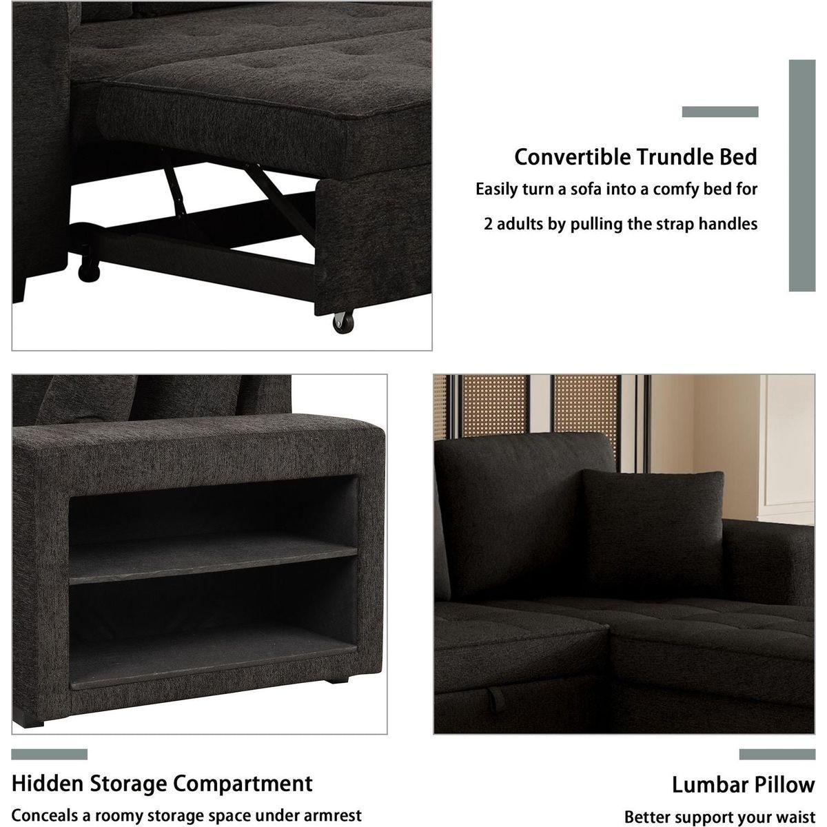 104" Modern L-Shape 3 Seat Reversible Sectional Couch, Pull Out Sleeper Sofa with Storage Chaise and 2 Stools for Living Room Furniture Set, Charcoal Grey - Streamdale Furniture