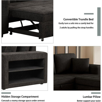 104" Modern L-Shape 3 Seat Reversible Sectional Couch, Pull Out Sleeper Sofa with Storage Chaise and 2 Stools for Living Room Furniture Set, Charcoal Grey - Streamdale Furniture