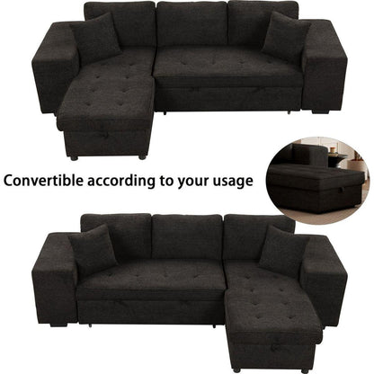 104" Modern L-Shape 3 Seat Reversible Sectional Couch, Pull Out Sleeper Sofa with Storage Chaise and 2 Stools for Living Room Furniture Set, Charcoal Grey - Streamdale Furniture
