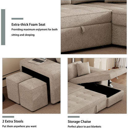 104" Modern L-Shape 3 Seat Reversible Sectional Couch, Pull Out Sleeper Sofa with Storage Chaise and 2 Stools for Living Room Furniture Set, Cream