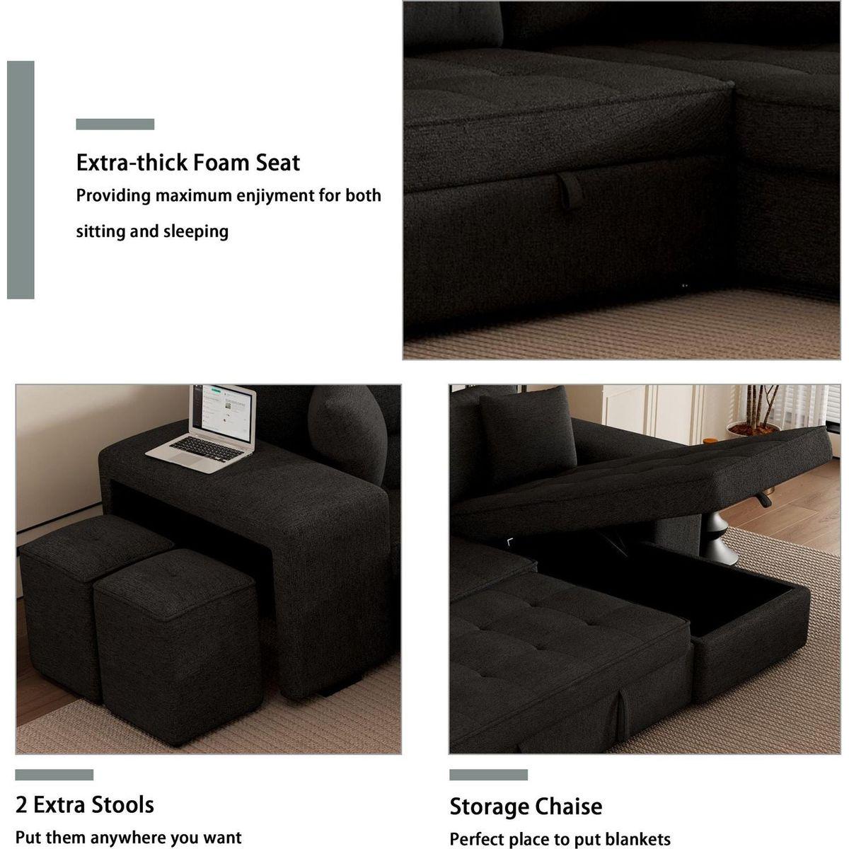104" Modern L-Shape 3 Seat Reversible Sectional Couch, Pull Out Sleeper Sofa with Storage Chaise and 2 Stools for Living Room Furniture Set, Charcoal Grey - Streamdale Furniture