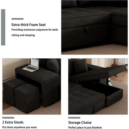 104" Modern L-Shape 3 Seat Reversible Sectional Couch, Pull Out Sleeper Sofa with Storage Chaise and 2 Stools for Living Room Furniture Set, Charcoal Grey - Streamdale Furniture