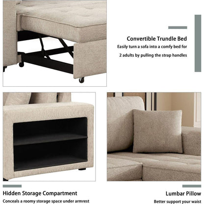 104" Modern L-Shape 3 Seat Reversible Sectional Couch, Pull Out Sleeper Sofa with Storage Chaise and 2 Stools for Living Room Furniture Set, Cream