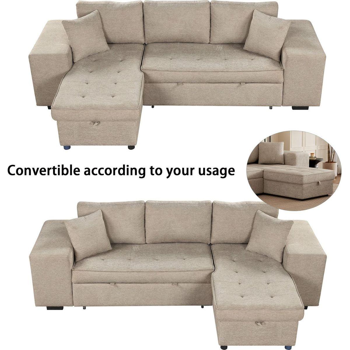 104" Modern L-Shape 3 Seat Reversible Sectional Couch, Pull Out Sleeper Sofa with Storage Chaise and 2 Stools for Living Room Furniture Set, Cream