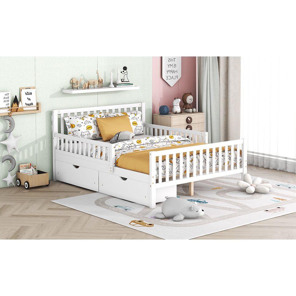 Full Size Wood Platform Bed with Guardrails on Both Sides and Two Storage Drawers, White