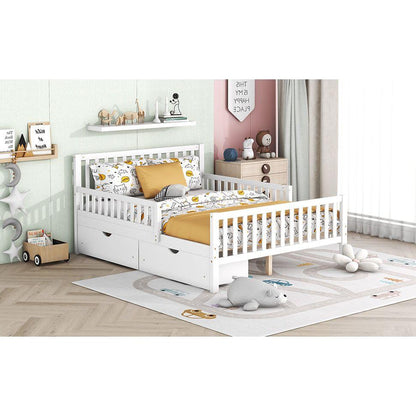 Full Size Wood Platform Bed with Guardrails on Both Sides and Two Storage Drawers, White