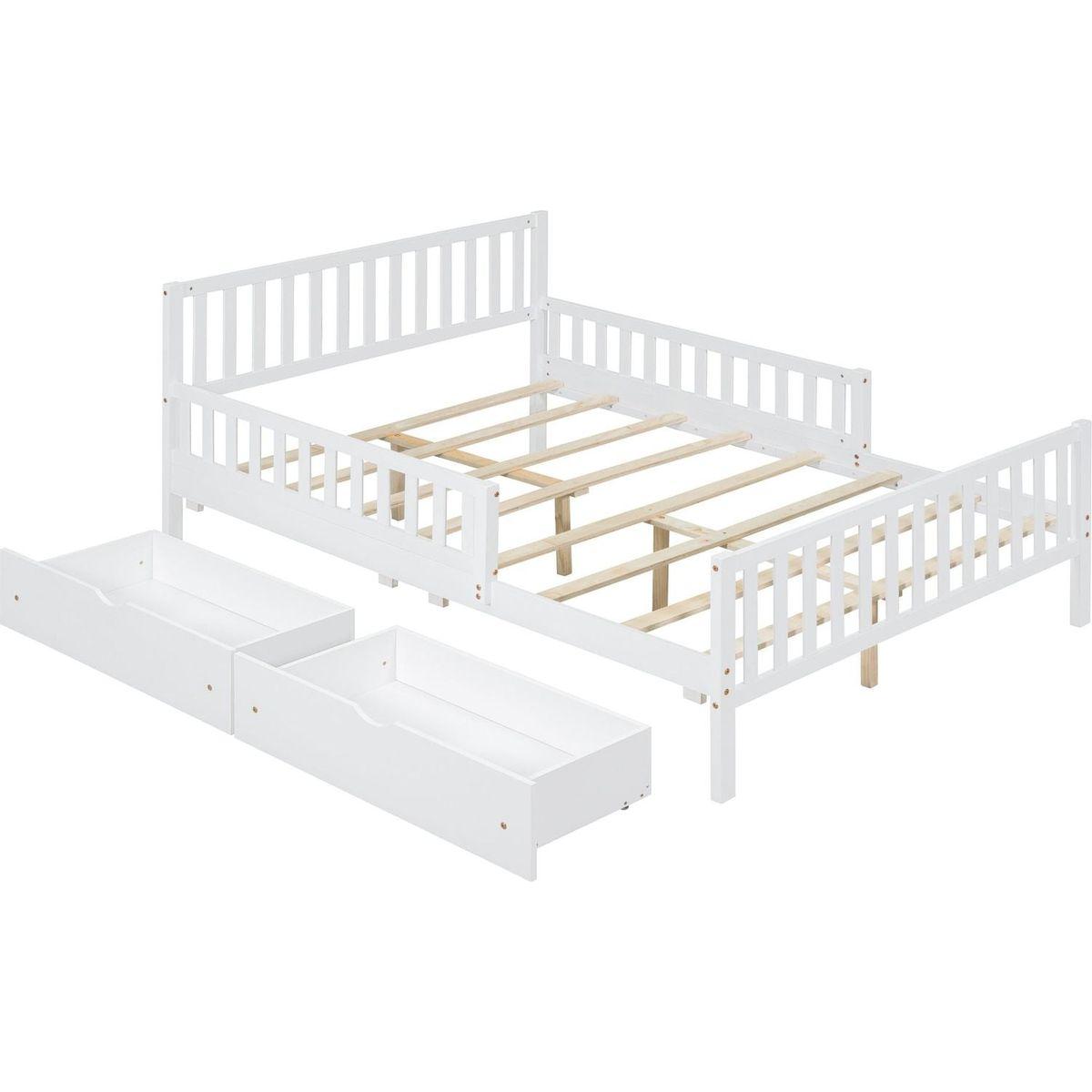 Full Size Wood Platform Bed with Guardrails on Both Sides and Two Storage Drawers, White