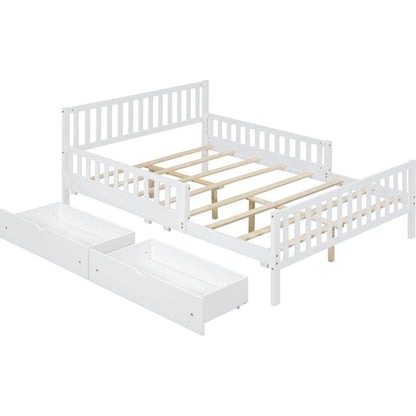 Full Size Wood Platform Bed with Guardrails on Both Sides and Two Storage Drawers, White