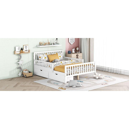 Full Size Wood Platform Bed with Guardrails on Both Sides and Two Storage Drawers, White