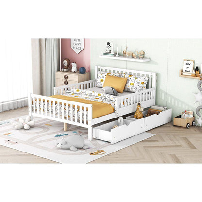 Full Size Wood Platform Bed with Guardrails on Both Sides and Two Storage Drawers, White